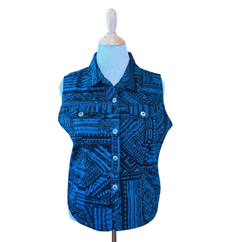 Chico's 2 Teal Green & Black Southwest Tribal Patterned  Denim Vest Size 12 L